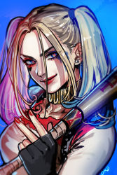 Rule 34 | 1girl, baseball bat, black gloves, blonde hair, blue background, blue hair, dc comics, fingerless gloves, gloves, harley quinn, heart, heart-shaped pupils, highres, holding, holding baseball bat, looking at viewer, nail polish, okada (hoooojicha), pink hair, red nails, simple background, smile, solo, suicide squad, symbol-shaped pupils, twintails, upper body
