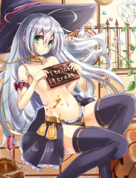Rule 34 | 1girl, ahoge, bad id, bad pixiv id, black thighhighs, candy, chain, collar, collarbone, flat chest, food, green eyes, hat, hat ribbon, highres, holding, jar, long hair, looking at viewer, navel, original, remote control vibrator, ribbon, sex toy, sign, silver hair, solo, taletale, thighhighs, topless, trick or treat, vibrator, witch hat