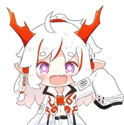 Rule 34 | 1girl, :d, ahoge, arknights, bandeau, blush, chibi, coat, dragon horns, earrings, hand up, horns, jewelry, kurotofu, long hair, long sleeves, looking at viewer, multicolored hair, navel, nian (arknights), open clothes, open coat, open mouth, outstretched arm, pointy ears, ponytail, purple eyes, red bandeau, red hair, short eyebrows, shorts, simple background, sleeves past fingers, sleeves past wrists, smile, solo, strapless, streaked hair, tassel, tassel earrings, thick eyebrows, tube top, upper body, white background, white coat, white hair, white shorts
