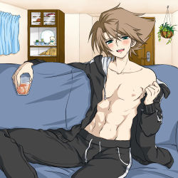 Rule 34 | 10s, 1boy, abs, alcohol, blush, brown hair, bulge, cardfight!! vanguard, couch, drunk, green eyes, highres, kai toshiki, male focus, muscular, naughty face, nipples, smile, solo, sweat, tagme, undressing