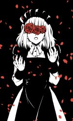 Rule 34 | 1girl, apron, black background, blending, commentary request, cowboy shot, flower, limited palette, maid apron, maid headdress, medium hair, open mouth, original, petals, red flower, red rose, rose, rose petals, solo, taka t