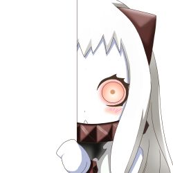 Rule 34 | 10s, 1girl, :&lt;, abyssal ship, blush stickers, colored skin, horns, kantai collection, long hair, looking at viewer, mittens, nagineko, northern ocean princess, pale skin, peeking out, red eyes, single horn, solo, transparent background, white hair, white mittens, white skin