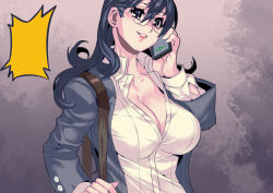 Rule 34 | 1girl, absurdres, bag, black hair, blazer, blue eyes, breasts, cleavage, collared shirt, commentary request, fengmo, glasses, grin, hair between eyes, handbag, highres, holding, holding phone, jacket, large breasts, long hair, office lady, open clothes, open jacket, open shirt, original, phone, shirt, smile, solo, standing, white shirt