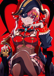 Rule 34 | 1girl, absurdres, arrow through heart, ascot, bicorne, black coat, black hat, breasts, brown leotard, brown thighhighs, cleavage, clenched teeth, coat, commentary request, crossed legs, eyepatch, feet out of frame, hair between eyes, hair ribbon, hat, highres, holding, hololive, houshou marine, jacket, leotard, leotard under clothes, long hair, long sleeves, looking at viewer, nail polish, off shoulder, open clothes, open coat, pension z, pirate hat, pleated skirt, red ascot, red eyes, red hair, red jacket, red nails, red ribbon, red skirt, red theme, ribbon, see-through, see-through cleavage, sitting, skirt, sleeveless, sleeveless jacket, solo, teeth, thighhighs, twintails, virtual youtuber