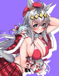 Rule 34 | 4girls, absurdres, ahoge, animal ears, arm up, bare arms, beret, bikini, black gloves, blue eyes, blue hair, blunt bangs, blush, bow, breasts, brown hair, chibi, christmas, closed mouth, commentary request, crossed bangs, gloves, grey eyes, grey hair, hair between eyes, hair ornament, hat, highres, holding, horse ears, horse girl, horse tail, kshimu, large breasts, long hair, looking at viewer, mejiro ardan (umamusume), multicolored hair, multiple girls, oguri cap (umamusume), one eye closed, open mouth, plaid, plaid capelet, plaid skirt, purple background, red bow, red gloves, red headwear, sakura chiyono o (umamusume), santa capelet, sideboob, skirt, swimsuit, tail, tamamo cross (umamusume), two-tone hair, umamusume, white hair