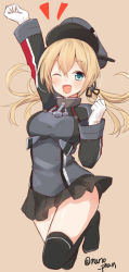 Rule 34 | 10s, 1girl, ;d, aqua eyes, arm up, bad id, bad pixiv id, black thighhighs, blonde hair, gloves, hat, jumping, kantai collection, long hair, long sleeves, military, military uniform, one eye closed, open mouth, over-kneehighs, prinz eugen (kancolle), sailor hat, shirt, skirt, smile, solo, takehana note, thighhighs, uniform, white gloves, zettai ryouiki