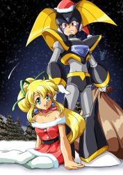 Rule 34 | 1boy, 1girl, aged up, bass (mega man), blonde hair, blue eyes, breasts, capcom, christmas lights, christmas tree, cleavage, dress, gloves, hat, looking at viewer, mega man (classic), mega man (series), merry christmas, neon lights, nervous, night, night sky, open mouth, pantyhose, ponytail, red eyes, robot, robot girl, roll (mega man), sack, santa dress, santa hat, sitting, sky, smile, snow, standing, sweat