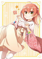 Rule 34 | &gt;:), 1girl, ahoge, blush, border, bow, breasts, closed mouth, eating, fang, fang out, floral print, flower, food, hair between eyes, hair flower, hair ornament, hakama, hakama skirt, highres, holding, holding food, japanese clothes, kimono, long hair, long sleeves, looking at viewer, medium breasts, original, pink bow, pink hakama, pink kimono, print kimono, red hair, skirt, smile, socks, solo, striped, striped background, sweets, tabi, two side up, v-shaped eyebrows, vertical stripes, white socks, wide sleeves, yellow eyes, yukata, yume no owari