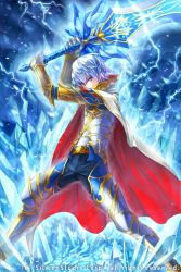 Rule 34 | 1boy, age of ishtaria, blue eyes, cape, copyright notice, crystal, electricity, fighting stance, gauntlets, holding, holding sword, holding weapon, legs apart, male focus, official art, ryuga (balius), solo, standing, sword, toki no ishutaria, watermark, weapon, white hair, wide stance