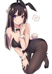 Rule 34 | 1girl, absurdres, animal ears, bare arms, bare shoulders, black bow, black bowtie, black footwear, black hair, black hairband, black leotard, blush, bow, bowtie, breasts, brown pantyhose, cleavage, closed mouth, collar, commentary request, detached collar, fake animal ears, hair ornament, hairband, hairclip, hand on own leg, hand up, heart, high heels, highres, index finger raised, leotard, long hair, looking at viewer, medium breasts, multicolored hair, norazura, pantyhose, playboy bunny, purple eyes, purple hair, rabbit ears, rabbit hair ornament, rabbit tail, sakurajima mai, seishun buta yarou, shoes, simple background, smile, solo, spoken heart, strapless, strapless leotard, tail, two-tone hair, very long hair, white background, white collar, wing collar, wrist cuffs