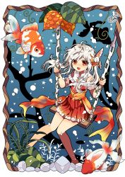 Rule 34 | 1girl, chain, commentary request, detached sleeves, dress, elina (e2n04n), eyes visible through hair, fins, fish, goldfish, head fins, highres, knees together feet apart, leaf, long hair, open mouth, orange eyes, orange sash, original, personification, red dress, sash, seaweed, shirt, side ponytail, sitting, sleeveless, sleeveless shirt, smile, star (symbol), swing, twitter username, underwater, white hair, white shirt
