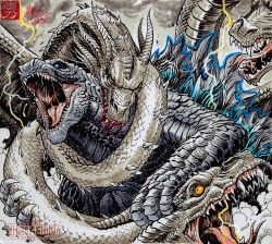 Rule 34 | alien, biting, blood, blue eyes, cloud, cloudy sky, conjoined, constriction, dinosaur, dragon, electricity, energy, giant, giant monster, glowing, glowing eyes, glowing spikes, godzilla, godzilla: king of the monsters, godzilla (series), horns, hydra, kaijuu, king ghidorah, legendary pictures, matt frank, monsterverse, multiple heads, no humans, overcast, sea monster, sharp teeth, sky, space monster, spikes, storm, teeth, toho, yellow eyes