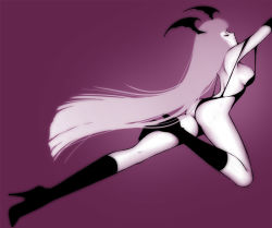 Rule 34 | 1girl, ass, boots, breasts, capcom, closed eyes, demon girl, eden (artist), from side, head wings, high heel boots, high heels, knee boots, large breasts, leotard, light purple hair, long hair, monochrome, morrigan aensland, outstretched leg, pale skin, profile, purple theme, sideboob, simple background, solo, thong leotard, vampire (game), very long hair, wings