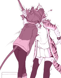 Rule 34 | ^^^, 2girls, animal ears, blush, bracelet, braid, delinquent, french braid, headphones, heart, highres, holding, hood, hood down, hooded sweater, jewelry, kiss, long hair, miji doujing daile, motion lines, mouse ears, mouse tail, multiple girls, open clothes, original, pants, ponytail, shirt, shirt grab, short hair, simple background, skirt, sweat, sweater, nervous sweating, sword, tail, thighhighs, tiger ears, tiger tail, trash can, trembling, weapon, white background, wooden sword, yuri, zettai ryouiki