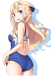Rule 34 | 1girl, absurdres, adjusting clothes, adjusting swimsuit, ass, backless outfit, bare arms, bare shoulders, black bow, blonde hair, blue eyes, blush, bow, braid, breasts, commentary request, cowboy shot, hair bow, high school fleet, highres, kapatarou, long hair, looking at viewer, looking back, medium breasts, one-piece swimsuit, open mouth, shoulder blades, single braid, solo, swimsuit, very long hair, white background, wilhelmina braunschweig ingenohl friedeburg