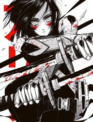 Rule 34 | 1girl, alita, alita: battle angel, artist name, battle angel alita, black hair, blood, blood on arm, bloody weapon, commentary, cyborg, dual wielding, english commentary, eyebrows, eyelashes, facial mark, greyscale, highres, holding, holding sword, holding weapon, katana, looking at viewer, mechanical arms, mechanical hands, monochrome, partial monochrome, short hair, simple background, single mechanical arm, single mechanical hand, sleeveless, solo, spot color, sword, vinne, weapon, white background