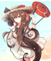 Rule 34 | 1girl, bad id, bad pixiv id, brown eyes, brown hair, dress, flower, highres, himeyamato, kantai collection, long hair, looking at viewer, ponytail, self-upload, smile, umbrella, very long hair, white dress, yamato (kancolle)