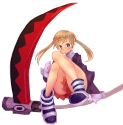Rule 34 | 00s, 1girl, blonde hair, boots, colorized, gloves, green eyes, knees together feet apart, maka albarn, miniskirt, pigeon-toed, pltrgst, scythe, sitting, skirt, solo, soul eater, twintails, weapon, white gloves, wrist cuffs