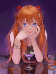 Rule 34 | 1girl, absurdres, asamayuki ra, bare arms, blue eyes, bracelet, brown hair, closed mouth, cocktail glass, cup, drinking glass, hair between eyes, hair ornament, headphones, highres, jewelry, long hair, looking at viewer, neon genesis evangelion, purple background, solo, souryuu asuka langley, upper body, very long hair
