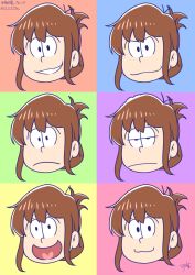 Rule 34 | 10s, 1girl, :d, annoyed, brown hair, closed mouth, dated, expressions, gurande (g-size), heart, heart in mouth, highres, inazuma (kancolle), kantai collection, looking at viewer, multicolored background, open mouth, osomatsu-san, osomatsu (series), signature, smile