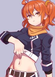 Rule 34 | 1girl, ahoge, belt, blue background, blue shirt, bodysuit, bodysuit under clothes, breasts, brown belt, clothes lift, commentary request, crop top, fate/grand order, fate (series), frown, fujimaru ritsuka (female), fujimaru ritsuka (female) (true ether chaldea uniform), groin, hair between eyes, hair ornament, hair scrunchie, highres, lifted by self, looking at viewer, medium breasts, midriff, navel, official alternate costume, one side up, orange eyes, orange hair, orange scarf, orange scrunchie, outline, rico (maikubakaa), scarf, scrunchie, shirt, shirt lift, short sleeves, shorts, sidelocks, solo, true ether chaldea uniform, upper body, white shorts