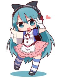 Rule 34 | 1girl, :d, arm up, black bow, black footwear, blue eyes, blue hair, blush, bow, chibi, collared shirt, commentary request, copyright request, frilled skirt, frills, full body, gloves, hair bow, head tilt, headphones, heart, heart print, highres, holding, long hair, mary janes, naga u, neck ribbon, open mouth, pink skirt, print skirt, puffy short sleeves, puffy sleeves, purple shirt, red ribbon, ribbon, shadow, shirt, shoes, short sleeves, skirt, smile, solo, standing, standing on one leg, striped clothes, striped thighhighs, thighhighs, v, very long hair, white background, white gloves