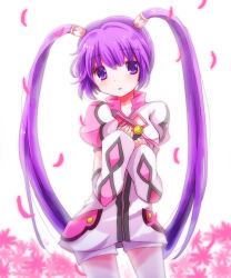 Rule 34 | 1girl, bad id, bad pixiv id, dress, efu, female focus, flower, hand on own chest, long hair, looking at viewer, official alternate costume, petals, purple eyes, purple hair, shorts, solo, sophie (tales), tales of (series), tales of graces, twintails, white background, white shorts