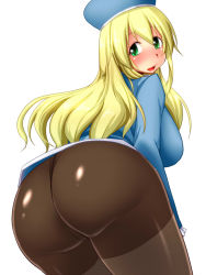 Rule 34 | 10s, 1girl, ass, atago (kancolle), blonde hair, breasts, green eyes, hat, huge ass, kantai collection, large breasts, long hair, looking at viewer, looking back, nokoppa, pantyhose, simple background, smile, solo, white background