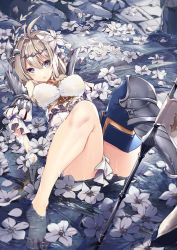 Rule 34 | 1girl, 218, ahoge, armor, blonde hair, blue eyes, breasts, detached sleeves, flower, granblue fantasy, greaves, hair between eyes, hair flower, hair ornament, impossible clothes, jeanne d&#039;arc (granblue fantasy), large breasts, partially submerged, petals, single greave, single thighhigh, solo, standard bearer, thighhighs, water, wet