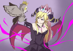Rule 34 | 1girl, bad id, bad pixiv id, bare shoulders, bird, bird on hand, black dress, black gloves, blonde hair, blurry, breasts, cleavage, collarbone, crown, demon wings, den (kur0 yuki), depth of field, dress, elbow gloves, evolution, gloves, gradient background, horns, jewelry, lilith (p&amp;d), long hair, magic, necklace, off-shoulder dress, off shoulder, owl, pink eyes, pointy ears, puzzle &amp; dragons, solo, very long hair, wings