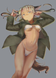 Rule 34 | 1girl, animal ears, arms up, bad id, bad pixiv id, bikini, breasts, brown eyes, brown jacket, closed mouth, commentary request, cowboy shot, crotch seam, eyepatch bikini, front-tie bikini top, front-tie top, furukawa herzer, grey background, hand in own hair, hand on own ear, head tilt, highleg, highleg bikini, highres, horse ears, horse tail, jacket, light brown hair, looking at viewer, navel, no pants, open clothes, open jacket, original, parted bangs, simple background, small breasts, smirk, smug, solo, standing, string bikini, swimsuit, tail, tan, thighs, white bikini, world witches series