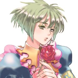 Rule 34 | 1girl, asellus (saga frontier), commentary request, dress, flower, green hair, looking at viewer, red flower, red rose, rose, saga, saga frontier, short hair, simple background, solo, white background