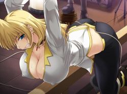 Rule 34 | 00s, 1girl, angry, arms up, back, bdsm, bent over, blonde hair, blue eyes, bondage, boots, bound, breasts, cable, choker, cleavage, clenched teeth, covered erect nipples, earrings, game cg, green eyes, huge breasts, indoors, jewelry, jpeg artifacts, long hair, looking at viewer, nipples, pants, pendant, sara scorpion, seura isago, shadow, skin tight, solo, straddling, sweat, teeth, uchuu kaizoku sara, wooden horse