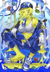 Rule 34 | baseball cap, blonde hair, bodysuit, breasts, can, cleavage, colored sclera, colored skin, crop top, drinking straw, energy drink, gas pump, gloves, hat, highres, hose, lightning bolt symbol, midriff, monster girl, navel, open clothes, original, panties, sakoku (oyatsu3ji ), shoes, slime (substance), slime girl, smile, sneakers, toy, toy car, see-through body, underwear, yellow eyes, yellow sclera, yellow skin
