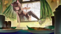 Rule 34 | 1girl, :3, animal ears, bare arms, bare shoulders, bare tree, bell, black footwear, black thighhighs, blurry, blurry foreground, blush, boots, breasts, brown dress, brown hair, building, cat ears, cat girl, cat tail, cleavage, climbing, commentary request, curtains, depth of field, dress, eyebrows hidden by hair, facial mark, food, heart, high heel boots, high heels, highres, jingle bell, lamppost, medium breasts, nail polish, open window, original, parted lips, plate, red eyes, red nails, saraki, sleeveless, sleeveless dress, solo, tail, thighhighs, tree, wall lamp, window