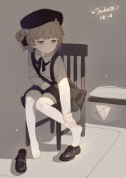 Rule 34 | 1girl, absurdres, ahoge, artist name, beret, black footwear, black hat, black ribbon, black skirt, brown background, brown eyes, brown hair, chair, closed mouth, collared shirt, commentary request, dated, feet, flower, grey rose, hair flower, hair ornament, hair rings, hat, hatoba tsugu, highres, loafers, long sleeves, mole, mole under eye, no shoes, on chair, pantyhose, ribbon, rose, shirt, shoes, sitting, skirt, smile, solo, suspender skirt, suspenders, tsubasa tsubasa, unworn shoes, virtual youtuber, white pantyhose, white shirt