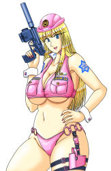 Rule 34 | 1girl, adapted costume, akimoto katherine reiko, artist request, bikini, bikini bottom only, blonde hair, blue eyes, breasts, character name, cleavage, contrapposto, curvy, gun, hand on own hip, hat, holster, kochikame, large breasts, long hair, looking at viewer, nail polish, no bra, pink nails, police, police uniform, policewoman, simple background, smile, solo, swimsuit, tattoo, trigger discipline, underboob, uniform, weapon, white background, wrist cuffs