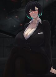 Rule 34 | 1girl, allmind (armored core 6), aqua eyes, aqua hair, armored core, armored core 6, backlighting, black hair, black jacket, black pantyhose, black skirt, black suit, blurry, blurry background, bob cut, breast pocket, breasts, business suit, cleavage, collarbone, collared shirt, colored inner hair, crossed legs, curvy, dress shirt, earpiece, earrings, formal, glowing, glowing eyes, grin, hair between eyes, hangar, haze, head tilt, highres, huge breasts, indoors, jacket, jewelry, long sleeves, looking at viewer, miniskirt, multicolored hair, necktie, unworn necktie, office lady, open clothes, open collar, open shirt, pantyhose, pencil skirt, personification, pocket, shirt, short hair, sitting, skirt, smile, solo, suit, taut clothes, taut shirt, triangle earrings, zer0.zer0