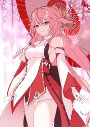 Rule 34 | 1girl, amulet, animal ears, armpit crease, bare legs, bare shoulders, breasts, cherry blossoms, closed mouth, commentary request, corrupted twitter file, cowboy shot, crossed bangs, day, detached sleeves, earrings, floppy ears, fox, fox ears, genshin impact, hair between eyes, hakama, highres, holding, holding umbrella, japanese clothes, jewelry, legs together, long hair, looking at viewer, low-tied long hair, medium breasts, nail polish, nontraditional miko, obi, oil-paper umbrella, outdoors, pink fur, pink hair, pink nails, pochimaru (marumaru wanwan), purple eyes, red skirt, sash, shirt, sideboob, sidelocks, sketch, skirt, sleeveless, sleeveless shirt, tassel, tree, umbrella, white shirt, white sleeves, wide sleeves, yae miko