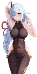 1girl arm_up armpits black_bodysuit blush bodysuit breasts chinese_knot clothing_cutout covered_collarbone covered_navel cowboy_shot crossed_legs dokimaru genshin_impact grey_eyes grey_hair grey_nails hair_over_one_eye hand_up highres hip_vent large_breasts long_hair looking_at_viewer low-braided_long_hair low-tied_long_hair nail_polish open_mouth shenhe_(genshin_impact) simple_background solo thigh_gap very_long_hair white_background