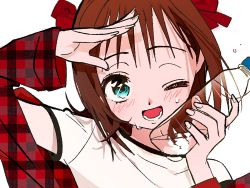Rule 34 | 1girl, ;d, amami haruka, blush, bottle, brown hair, hair ribbon, idolmaster, idolmaster (classic), jacket, looking at viewer, one eye closed, open mouth, plaid, plaid jacket, portrait, red jacket, red ribbon, ribbon, salute, simple background, smile, solo, sweat, vivinos, water bottle, white background