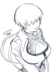 Rule 34 | 1girl, 2015, breasts, cleavage, cleavage cutout, clothing cutout, dated, female focus, greyscale, hair over eyes, large breasts, long hair, monochrome, shermie (kof), simple background, sketch, solo, the king of fighters, tsukudani (coke-buta)
