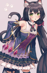 Rule 34 | 1girl, animal ear fluff, animal ears, bare shoulders, black hair, black thighhighs, blue sleeves, blush, breasts, cat ears, cat girl, cat tail, collared shirt, commentary request, detached sleeves, fang, frilled skirt, frills, green eyes, grey background, hair between eyes, hand on own hip, highres, karyl (princess connect!), leaning forward, long hair, long sleeves, looking at viewer, low twintails, multicolored hair, parted lips, princess connect!, purple skirt, seemu (wnslqjdignv ), shirt, simple background, skirt, sleeves past wrists, small breasts, solo, standing, streaked hair, tail, thighhighs, twintails, v-shaped eyebrows, very long hair, white hair, white shirt, wide sleeves