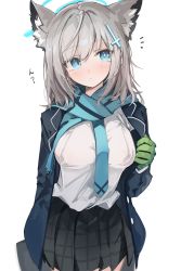 Rule 34 | 1girl, animal ears, blue archive, blue eyes, breasts, eyelashes, eyes visible through hair, gloves, hair between eyes, hair ornament, halo, highres, jacket, large breasts, looking at viewer, mikozin, necktie, scarf, school uniform, shiroko (blue archive), shirt, short hair, silver hair, skirt, solo, white background, wolf ears, wolf girl