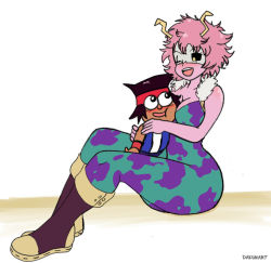 Rule 34 | 1boy, 1girl, absurdres, age difference, ashido mina, black sclera, blue pants, blue vest, blush, bodysuit, boku no hero academia, boots, breasts, brown footwear, brown hair, cartoon network, cleavage, collarbone, colored sclera, colored skin, crossover, dakunart, dark skin, fur trim, green bodysuit, headband, highres, horns, hug, k.o. (ok k.o.!), large breasts, looking down, looking up, mask, ok k.o.! let&#039;s be heroes, open mouth, pants, pink hair, pink skin, shirt, short hair, sitting, sleeveless, sleeveless bodysuit, teeth, vest, white background, white shirt, wink, wristband, yellow eyes