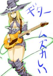 Rule 34 | 1girl, absurdres, arc system works, bare shoulders, belt, blonde hair, boots, braid, breasts, cosplay, detached sleeves, dress, electric guitar, female focus, guilty gear, guitar, hat, highres, i-no, i-no (cosplay), instrument, kirisame marisa, knee boots, legs, mochi suki, smile, solo, thighs, touhou, translated, witch, witch hat