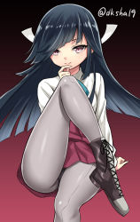 Rule 34 | 10s, 1girl, arm support, black hair, boots, cross-laced footwear, crossed legs, front-seamed legwear, grey pantyhose, hand to own mouth, hayashimo (kancolle), kantai collection, kase daiki, long hair, looking at viewer, panties, panties under pantyhose, pantyhose, pink eyes, school uniform, seamed legwear, sitting, smile, solo, twitter username, underwear