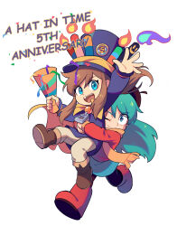 Rule 34 | 2girls, a hat in time, aqua eyes, aqua hair, beret, black headwear, black pantyhose, blue eyes, blue skirt, boots, brick st, brown footwear, brown hair, brown pants, candle, cape, carrying, carrying person, copyright name, crossover, english text, hat, hat kid, highres, hilda (hilda), hilda (series), holding, holding party popper, jacket, long hair, looking at viewer, multiple girls, one eye closed, pants, pantyhose, party popper, purple headwear, purple jacket, red footwear, red sweater, running, scarf, sidelocks, simple background, skirt, smile, sweater, top hat, waving, white background, yellow cape, yellow scarf