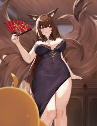 Rule 34 | 1girl, absurdres, amagi (azur lane), amagi (red kite respite) (azur lane), animal ears, azur lane, breasts, brown hair, cleavage, dress, evening gown, eyeliner, fox ears, fox girl, fox tail, from below, hand fan, highres, holding, holding fan, kitsune, kyuubi, large breasts, looking at viewer, manjuu (azur lane), multiple tails, nail polish, official alternate costume, red eyeliner, side slit, single bare leg, smile, sylux, tail