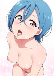 Rule 34 | 1girl, absurdres, blue hair, blush, breasts, completely nude, cum, cum on body, cum on breasts, cum on upper body, earrings, facial, hetero, highres, jewelry, limelam06, long bangs, looking at viewer, love live!, love live! superstar!!, medium breasts, nipples, nude, open mouth, orange eyes, short hair, solo, teeth, tongue, tongue out, upper teeth only, wakana shiki